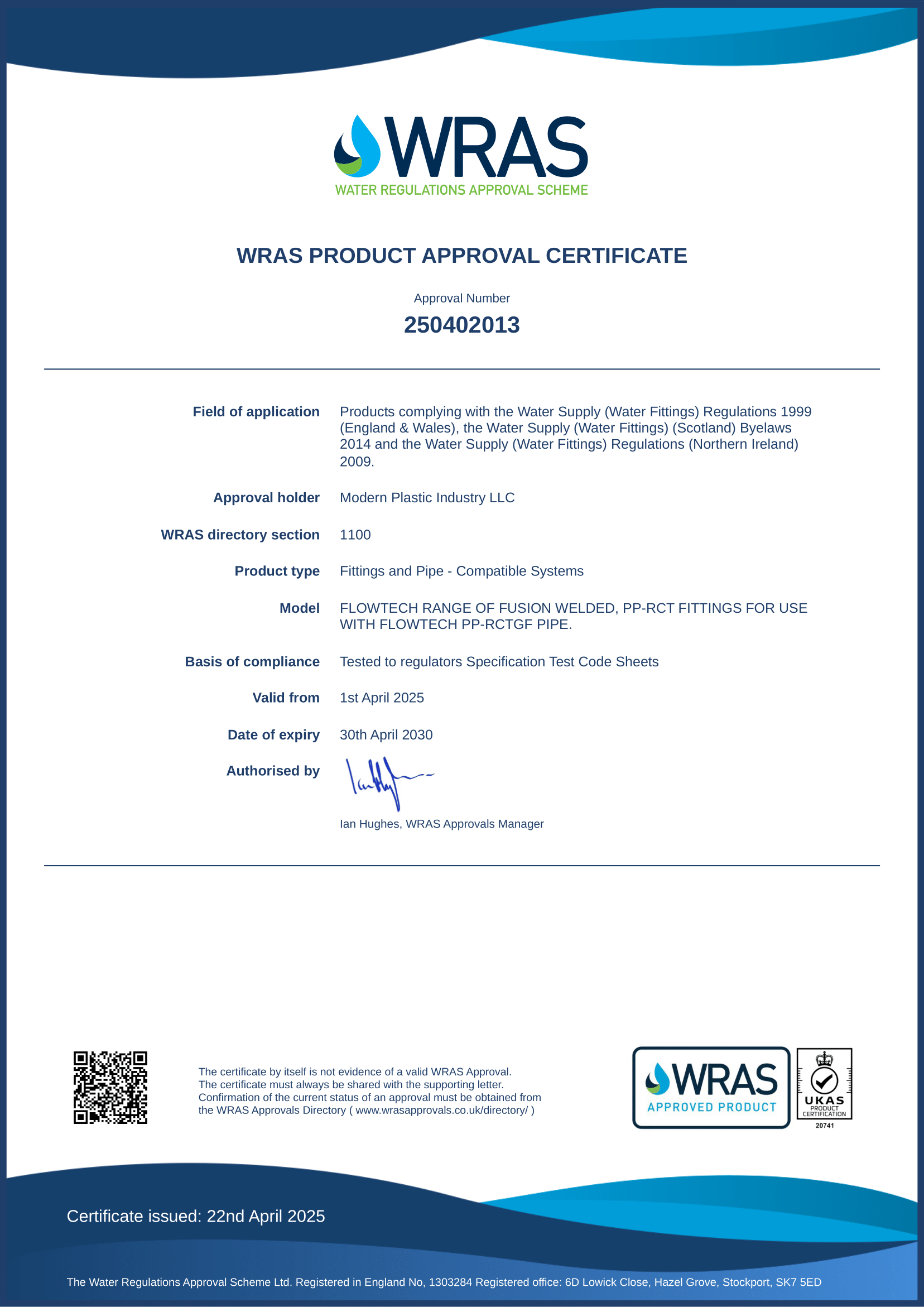 WRAS PRODUCT APPROVAL PPRCT CERTIFICATE APPROVAL NO 250402013